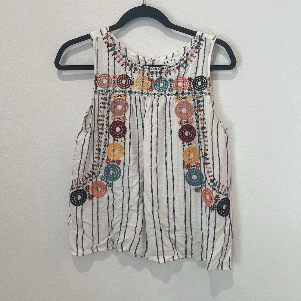 Anthologie THML Women Tank Top Medium Black & White Stripes Embroidery